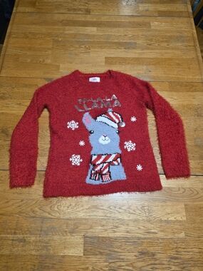 Justice Red Holiday Llama Fuzzy Crewneck Sequin Sweater